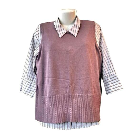 Merona Women's Striped 3/4 Sleeve Button-Up SZ 18W & Purple Sweater Vest SZ XXL - Picture 1 of 8